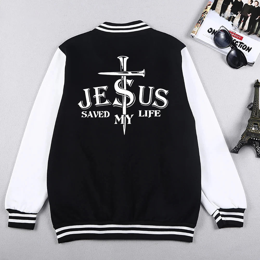 Jesus Saved My Life Letter Graphic Men'S Jackets Preppy GlowCart