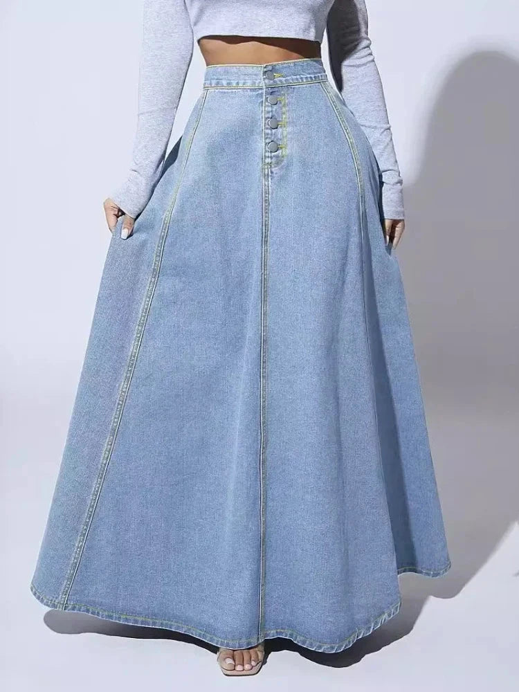 Denim Skirts Women Long Skirt A Line Single Breasted High Waist Jeans Vintage Maxi Simple Casual Elegant Splice Y2k Streetwear GlowCart