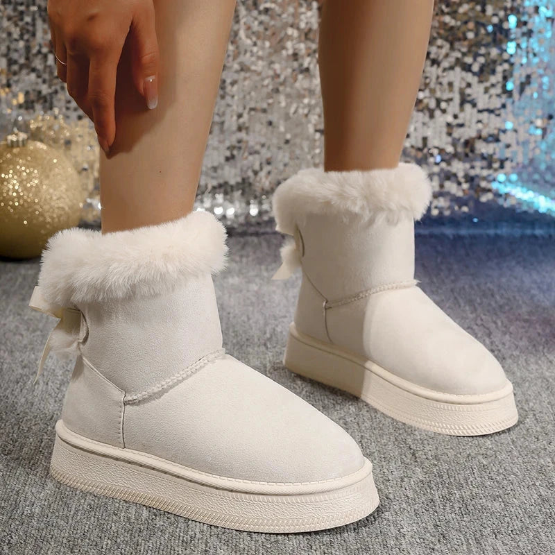 New Fashionable Bow Round Toe Elegant Snow Boots Winter Flat GlowCart