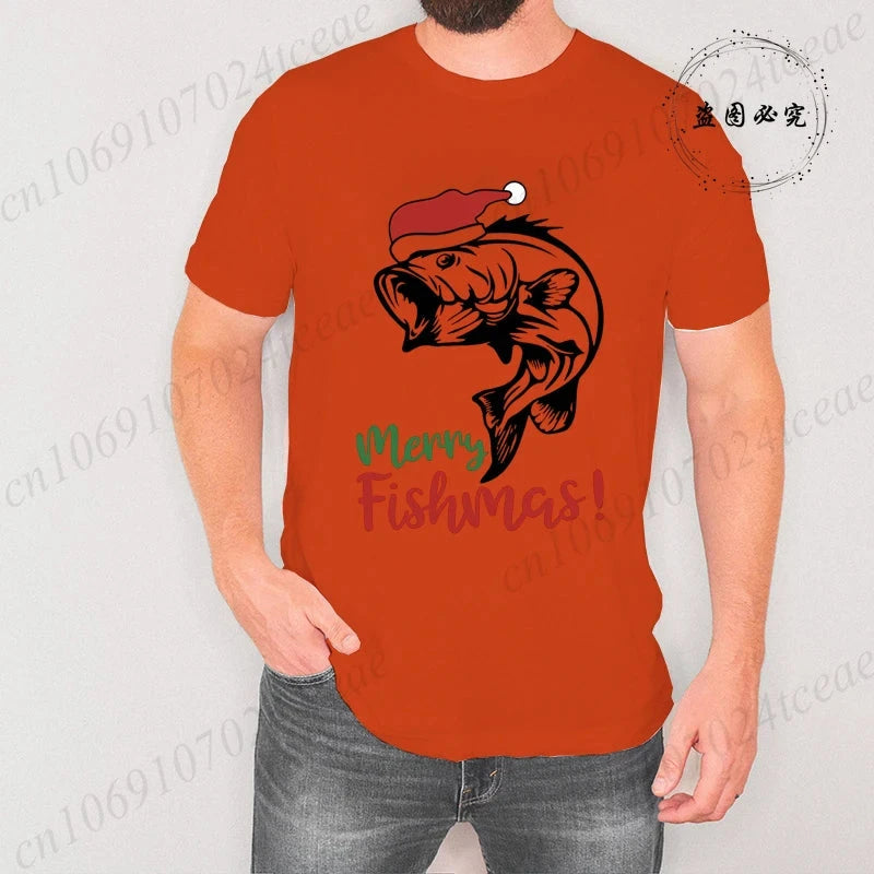Fishing Christmas Men's T Shirts Merry Fishmas Print Tees GlowCart