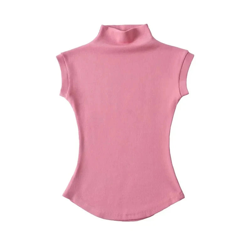 Women Summer Sexy Turtleneck Sleeveless T-Shirts Tops Solid GlowCart