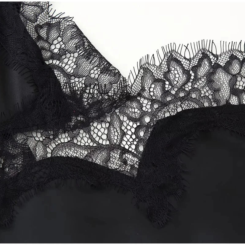 Sexy Lace Patchwork Sling Dress Women Satin Off-shoulder GlowCart