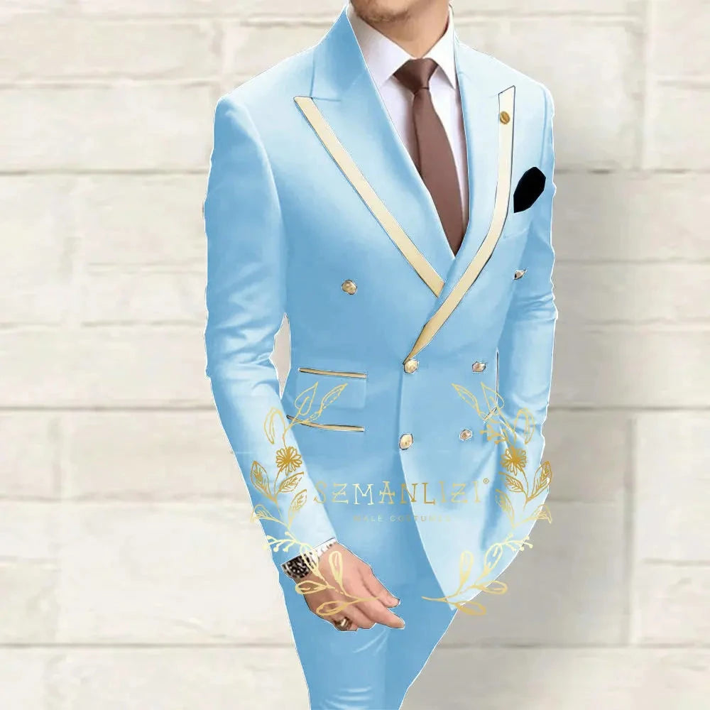 Double Breasted Men's Suits Navy Blue Peaked Lapel Slim Fit GlowCart