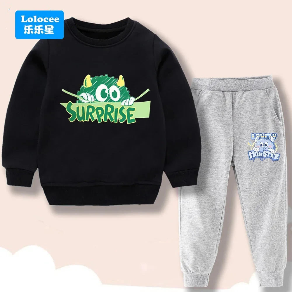 Spring/Autumn Children's Clothing Sets Cartoon Monster Print Boys' O Neck Sweatshirt Pants Two Piece Pullover Set for Kids GSJX1 GlowCart