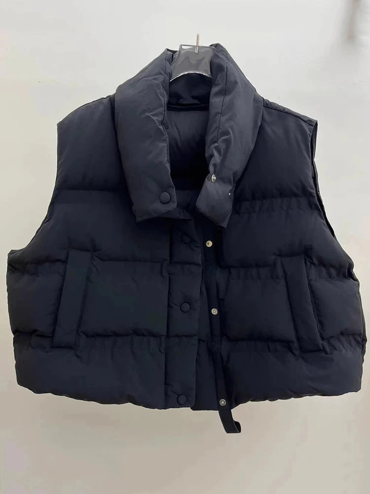 Autumn Winter Solid Stand Collar Puff Down Vest Women White GlowCart