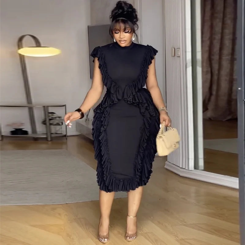 Women Plus Size Skinny Dress Round Neck Tassel Ruffle Hem