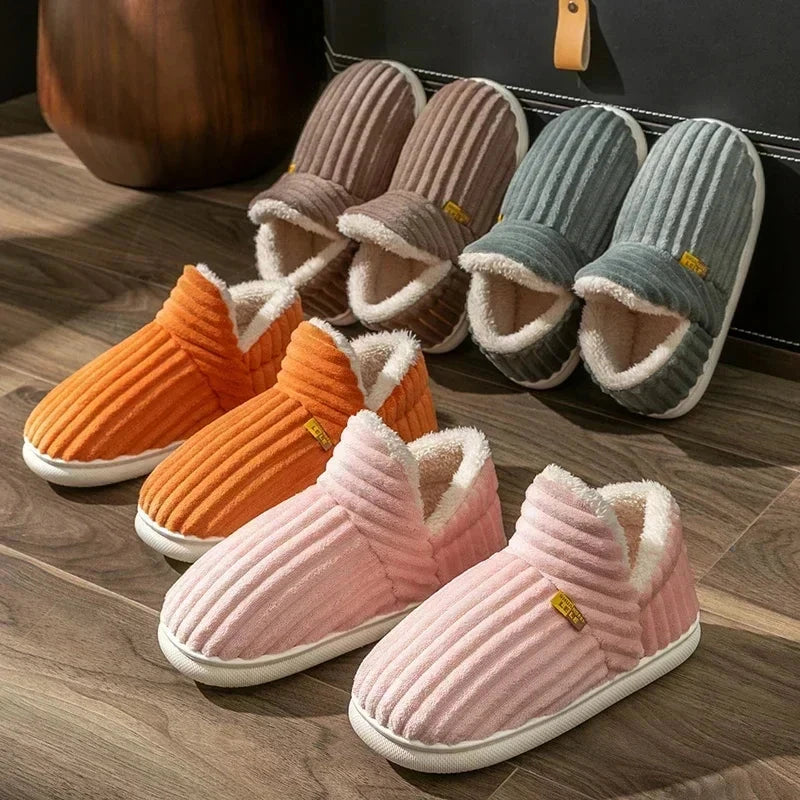 Winter Couple Style Concise Solid Color Wrap Heels Plush Slippers Non-slip Warm Flip Flops Women Men Home Casual Cotton Shoes GlowCart