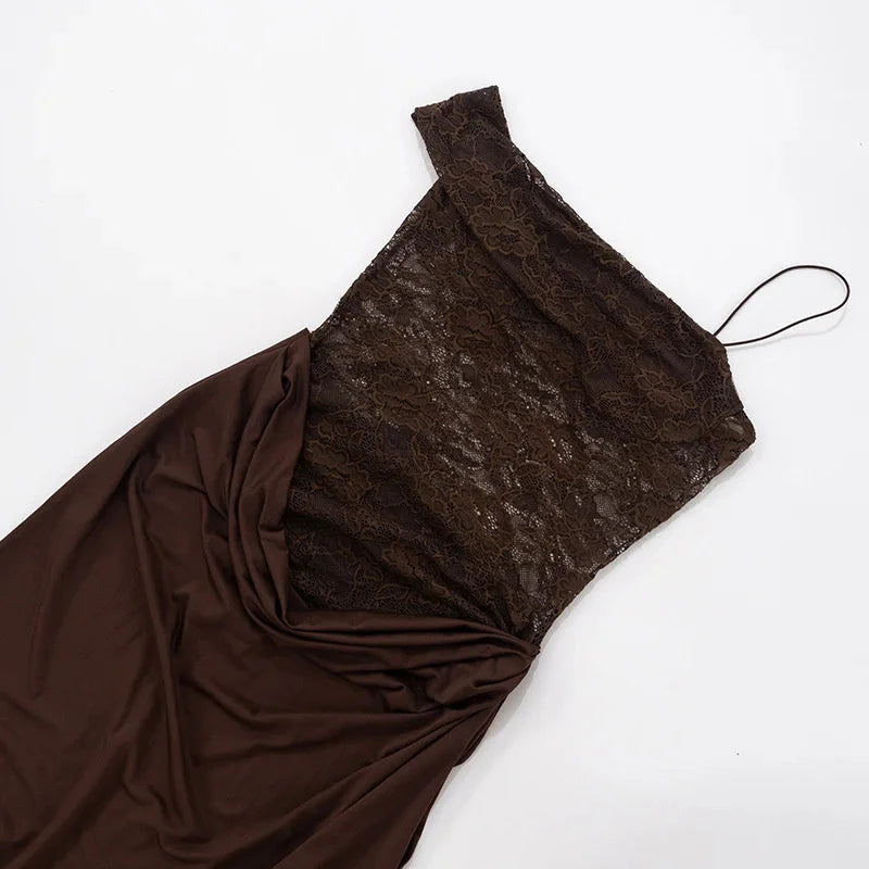 Mozision One Shoulder Lace See Through Sexy Maxi Dress Women GlowCart