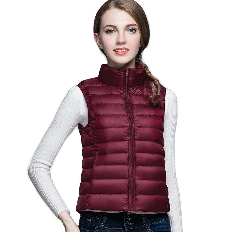 White Stand Collar Women's Sleeveless Down Vest Coat Winter GlowCart