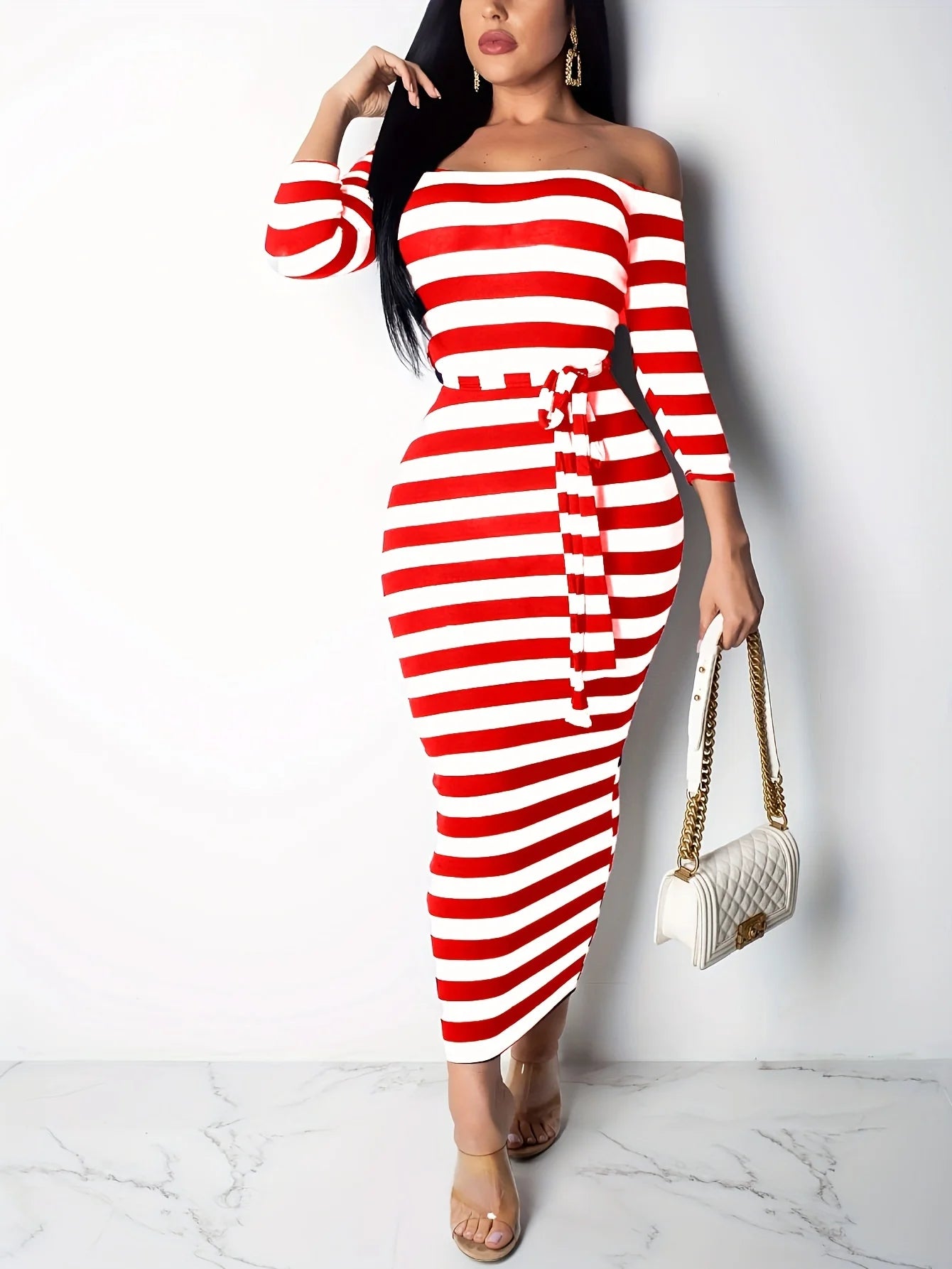 New 2024 Casual Women Dress Summer Striped Bodycon Midi Dresses Slash Neck Lace Up Three Quarter Pencil Dresses GlowCart