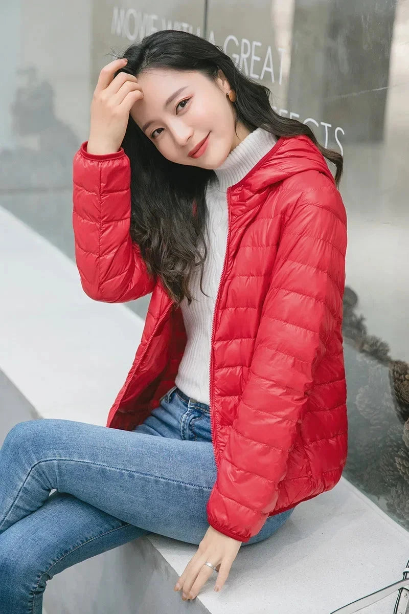 Winter Women's Light Down Hooded Jacket,Red Blue Khaki Green GlowCart