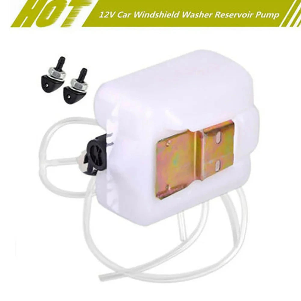 2Pin Car Plastic + Metal White Windshield Washer Reservoir Bottle Tank W/12V Pump Hose Jet Universal Accessories For Vehicles GlowCart