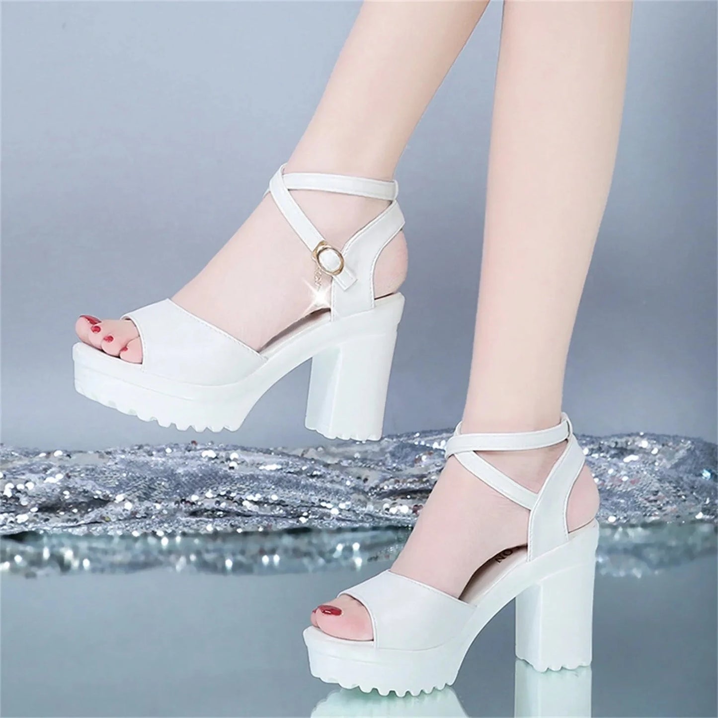 Women Shoes Fish Mouth Platform High Heels Wedges Buckle GlowCart