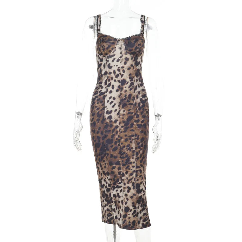 Sexy Strap Leopard Print Backless Bodycon Maxi Dress Women Sleeveless Street Slim Fit Stretch Activity Evening Prom Robe GlowCart