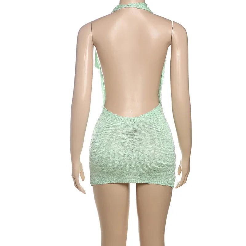 Women Sexy Sequins Knitted Mini Beach Dress Swinging Collar GlowCart