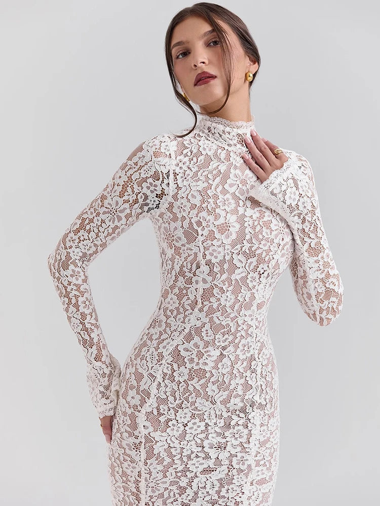 Mozision Lace Long Sleeve Sexy Midi Dress For Women Elegant White Half High Collar High Waist Bodycon Club Party Sexy Long Dress GlowCart