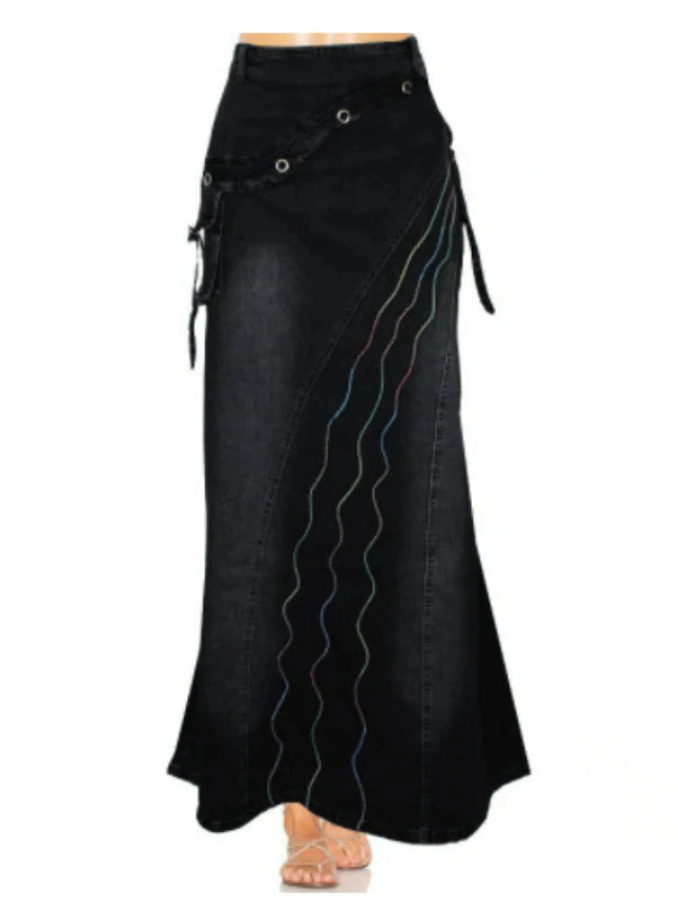 Long Skirt High Waist Vintage Print Women 2024 Autumn Temperament Patchwork Pocket Big Swing Female Denim Fishtail Skirts GlowCart