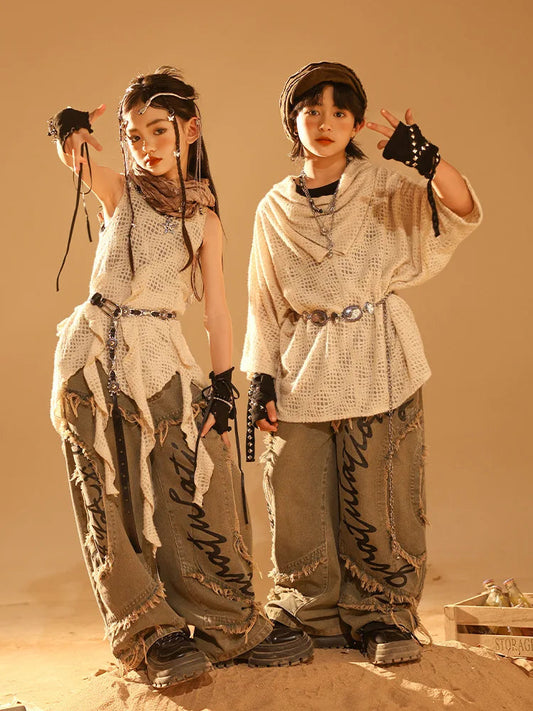 Kids Juvenile Hip Hop Jazz Gothic Stage Fashion Show Clothing Children Dystopia-core Ripped T-shirt Denim Baggy Jeans Pant Sets GlowCart