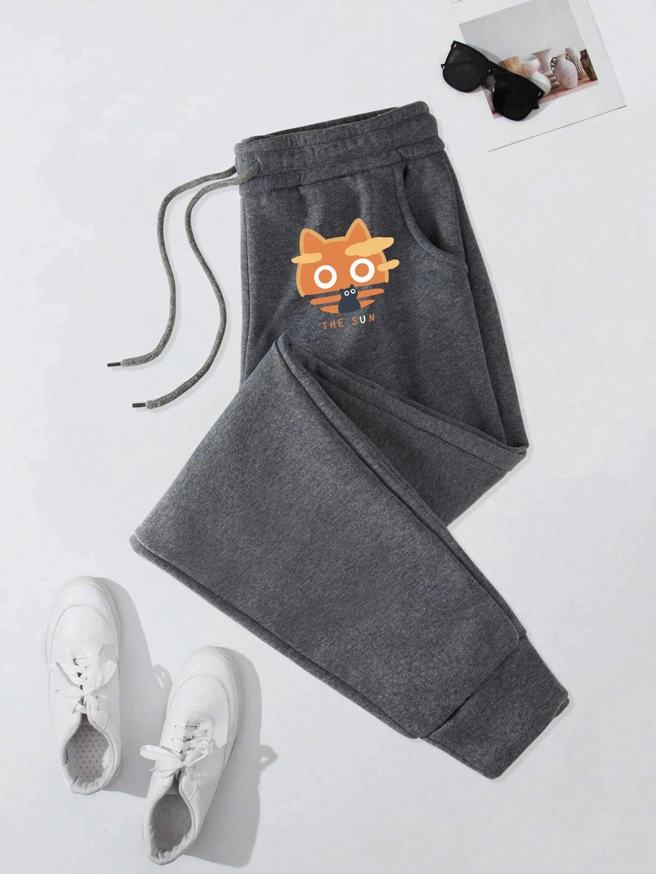 The Sun Cat Print Men Warm Elastic Waist Sweatpants Casual GlowCart