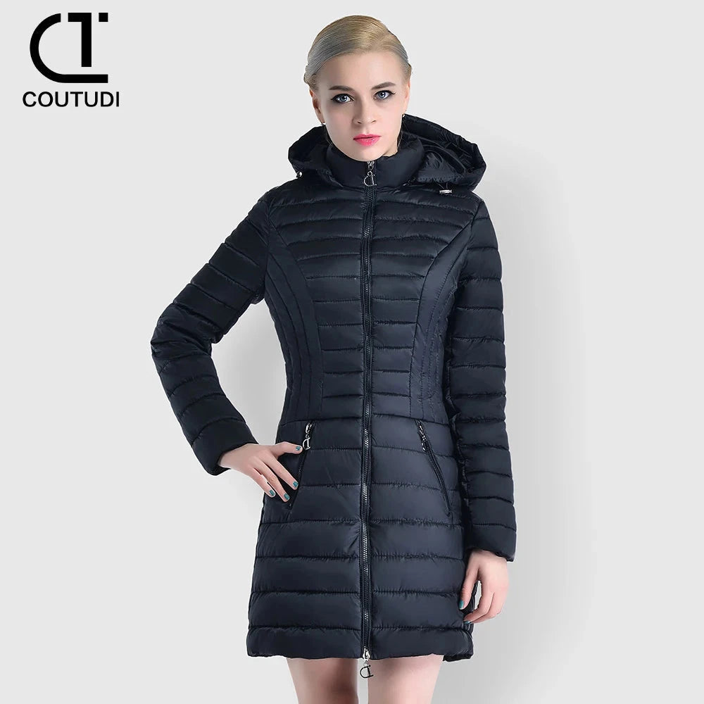 COUTUDI-Women's Winter Long Down Coat, Slim Hooded Warm GlowCart