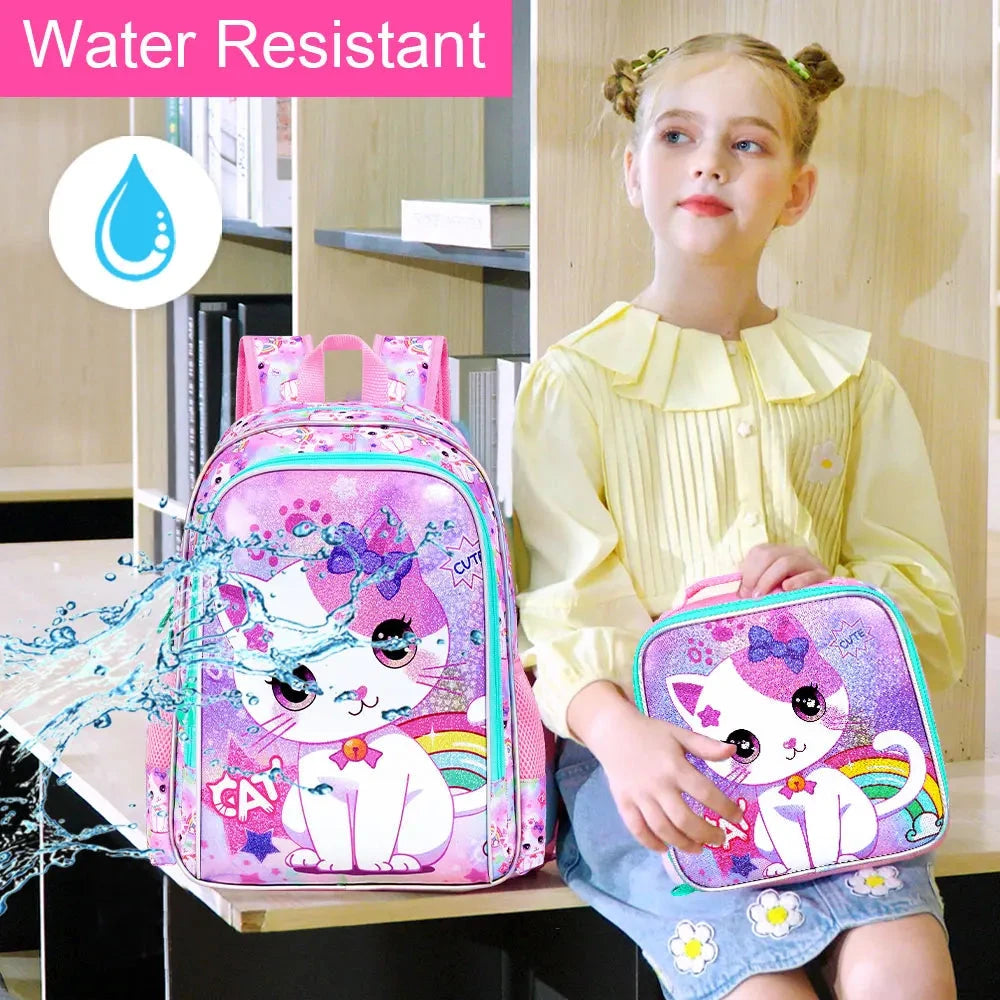 3PCS Backpacks for Girls Cute Reflective Cat Bookbag for Elementary, Kids Water Resistant Backpack Set with Lunch Box GlowCart