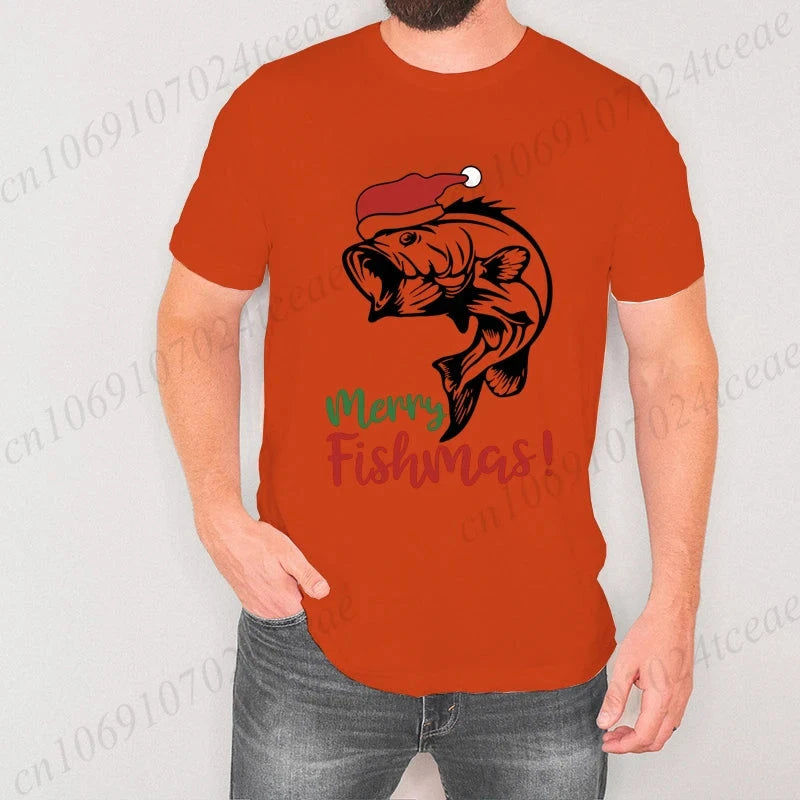 Fishing Christmas Men's T Shirts Merry Fishmas Print Tees GlowCart