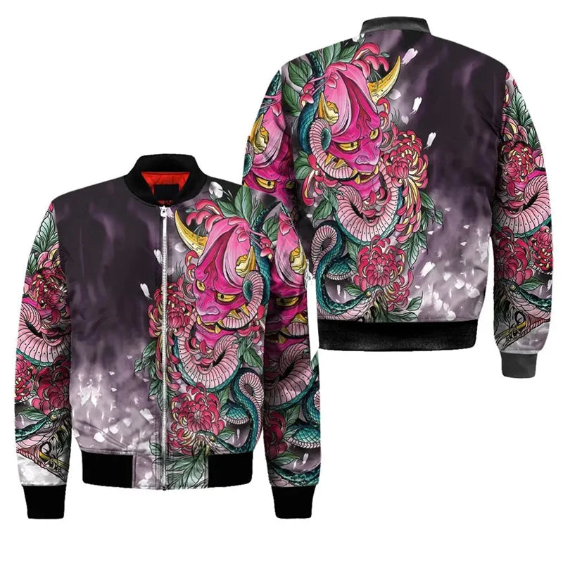 Spring Autumn Mens Bomber Jacket Samurai Oni Mask Tattoo 3D All Over Printed Zip Tracksuits Unisex Casual Zipper Jacket Clothing GlowCart