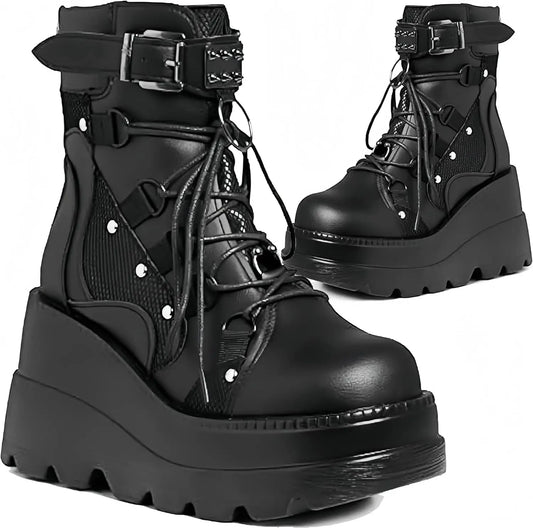 Women's Goth Cosplay Wedge Combat Ankle Boots Fashion GlowCart