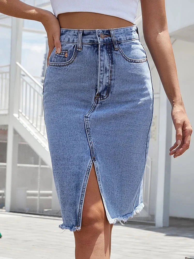 Zipper Fly Raw Hem Split Denim Skirt Women Spring and Summer High Waist Jeans Skirt Female Casual Bodycon Midi Skirts GlowCart