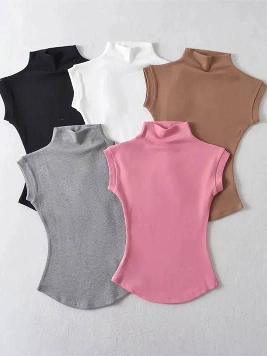 Women Summer Sexy Turtleneck Sleeveless T-Shirts Tops Solid GlowCart