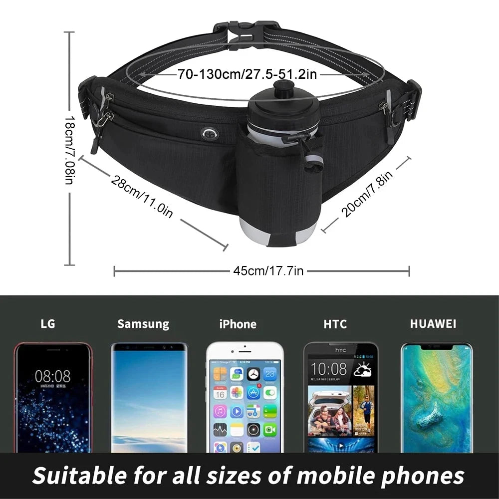 Waterproof Hydration Running Belt with 90° No-Bounce Bottle Holder - Adjustable Reflective Waist Pack for Hiking, Cycling, Gym GlowCart