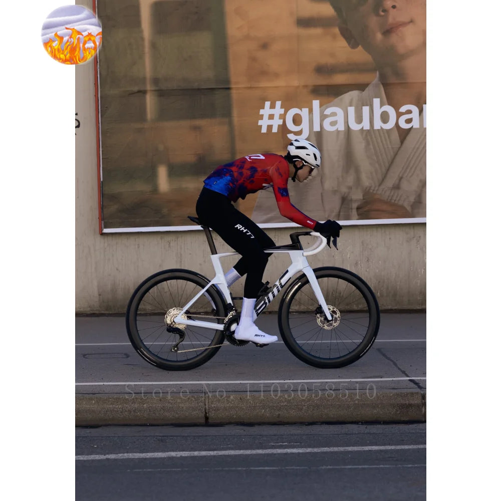 RH77 Bike Thermal Fleece Bicycle Jersey Winter Warm Cycling Jerseys Road Race Cut Aero Jersey Men Italian Clothing Long Sleeve GlowCart