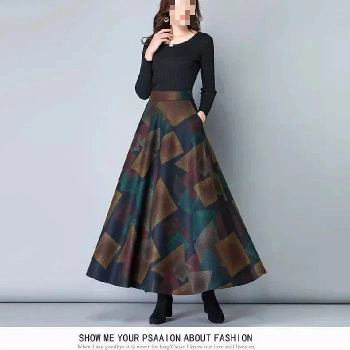 Autumn Winter Plaid A- Line Midi Skirt Women's Retro plus Size High Waist Slimming Long Skirt Floral Embellished Fullness GlowCart