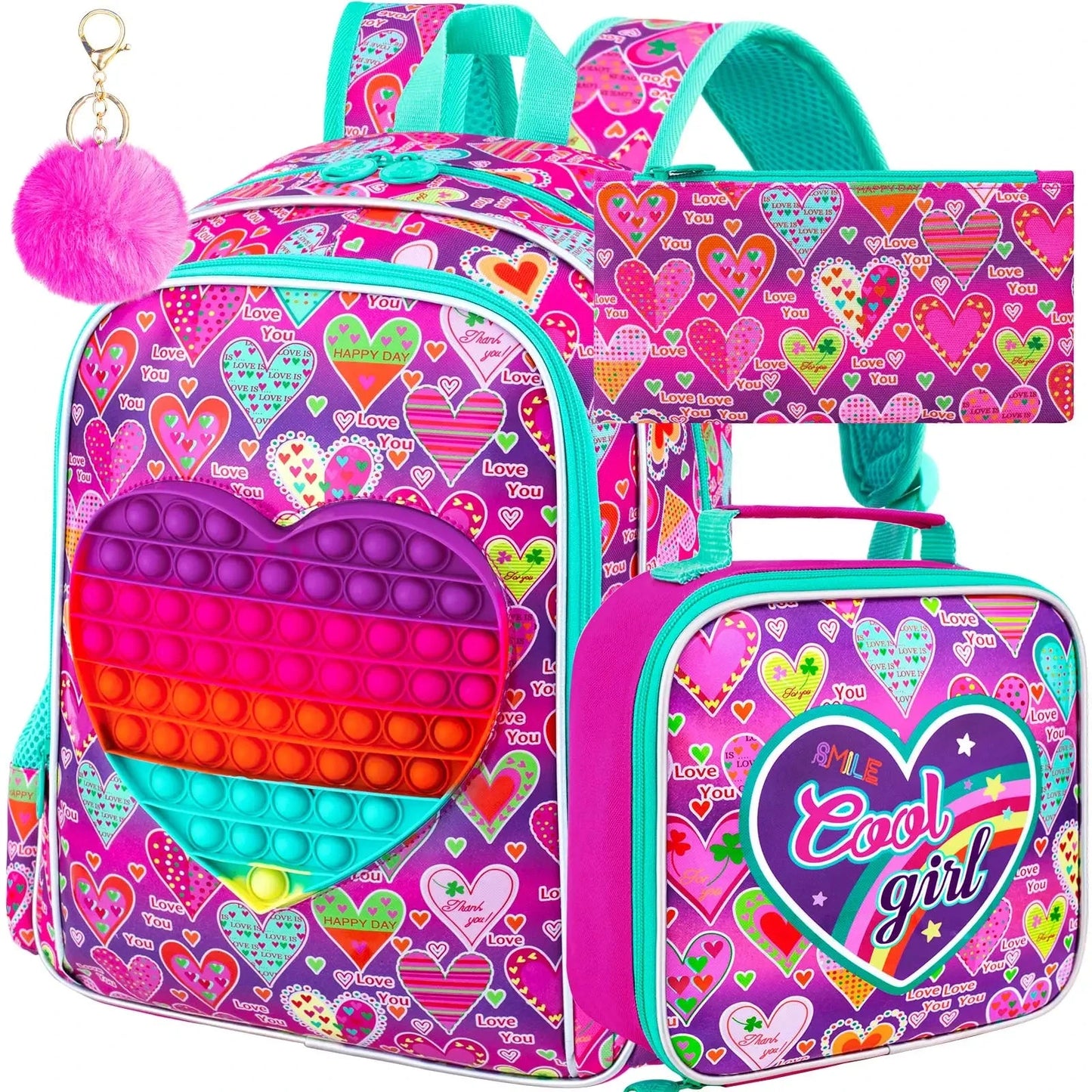 3PCS  Backpack for Girls, 16" Kids Backpacks with Lunch Box, Water Resistant Girl Bookbag for School Elementary GlowCart