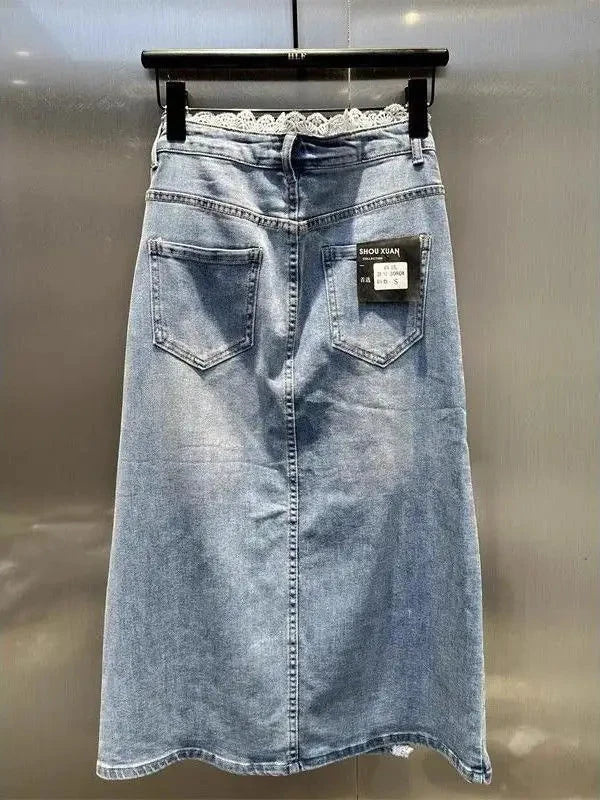 Casual High Waist Denim Skirt with Lace Trim Splice Design And Slit for Women Faionable Versatile  Skirt for Summer GlowCart