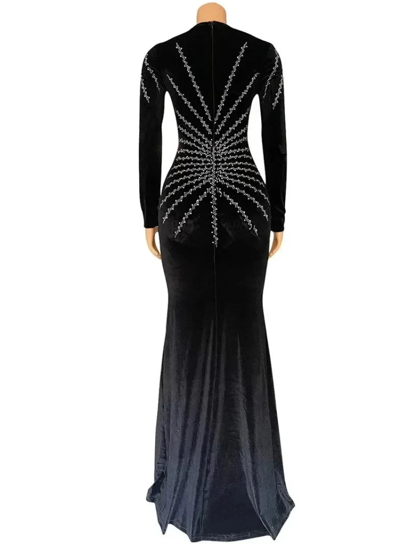 2025 Elegant Diamonds Velvet Long Party Dress for Women Sexy GlowCart