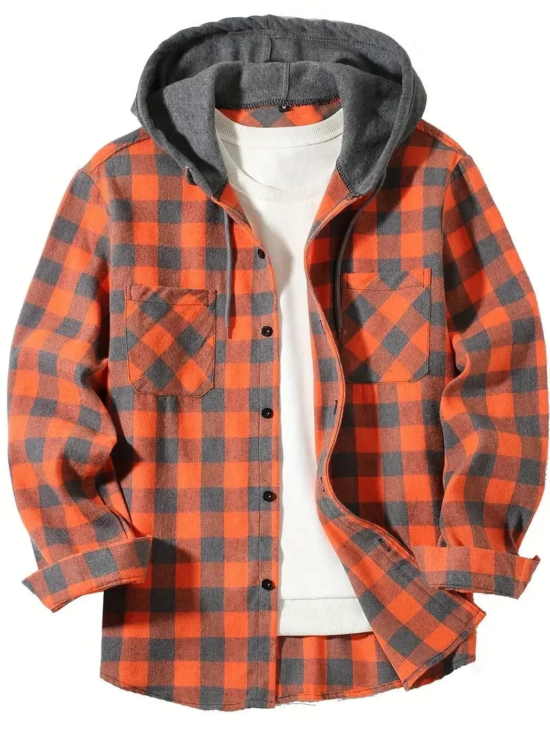 Youth Fashion Street Hooded Plaid Shirt Men's Slim Fit Long GlowCart