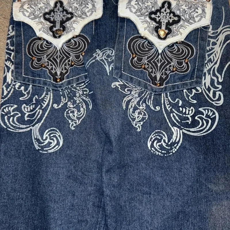 American New Pattern Embroidery Baggy Jeans Male Y2K High GlowCart