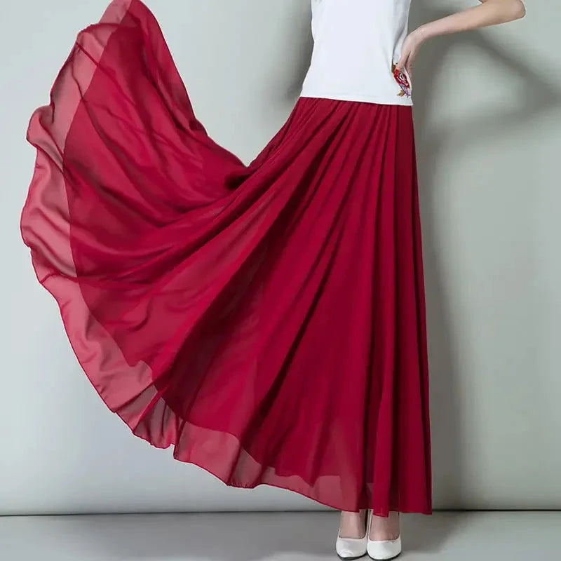 New Summer Chiffon Skirts Plus Size Full-Length Skirt High Waist Elegant Dance Skirt Pink Black Red Royal Blue White Long Skirts GlowCart