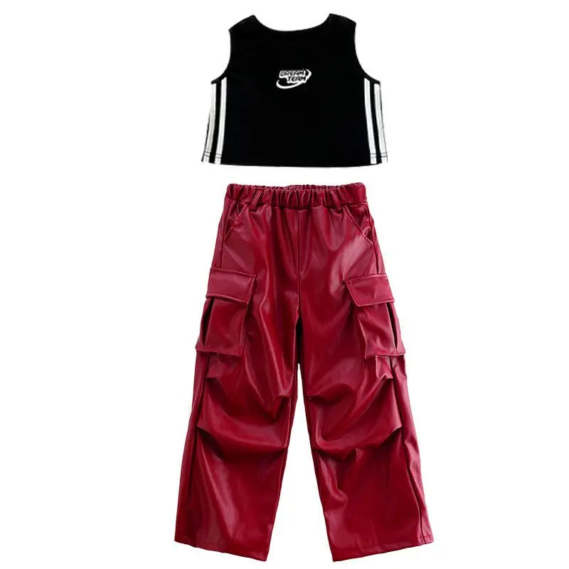Jazz Dance Girls Clothes Kids Hip Hop Dance Costume Black Leather Crop Tops Hiphop Pants Catwalk Performance Clothing BL13600 GlowCart