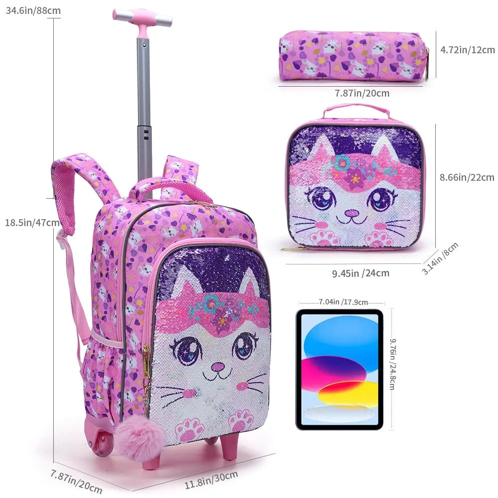 3PCS set Rolling Backpack For Girls, Cute Cartoon Cat Sequin Wheeled Bookbag For Elementary Students, With Lunch Box And Pen Bag GlowCart
