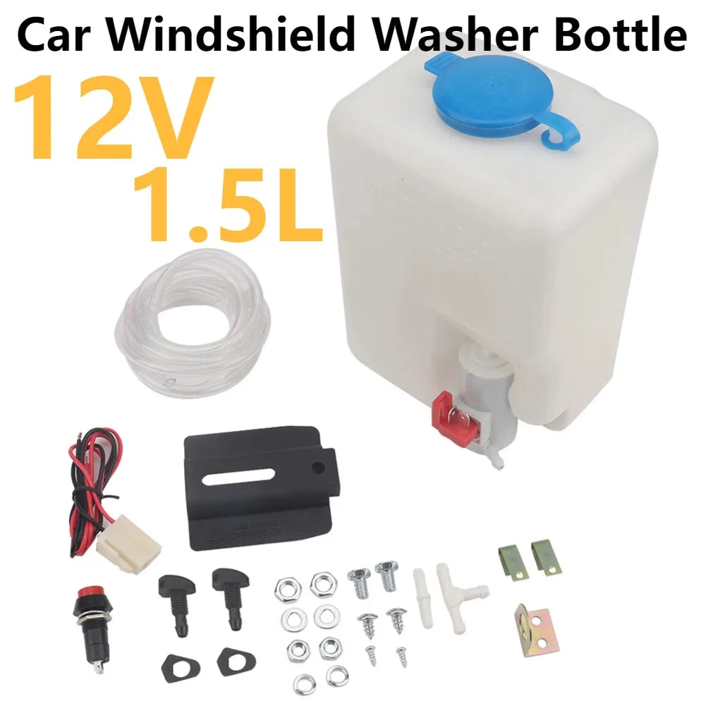 1.5L 12V Universal Windscreen Washer Bottle Tank Pump Wiper System Reservoir Kit Fluid Nozzle Sprayer Car Windshield Clean Tools GlowCart