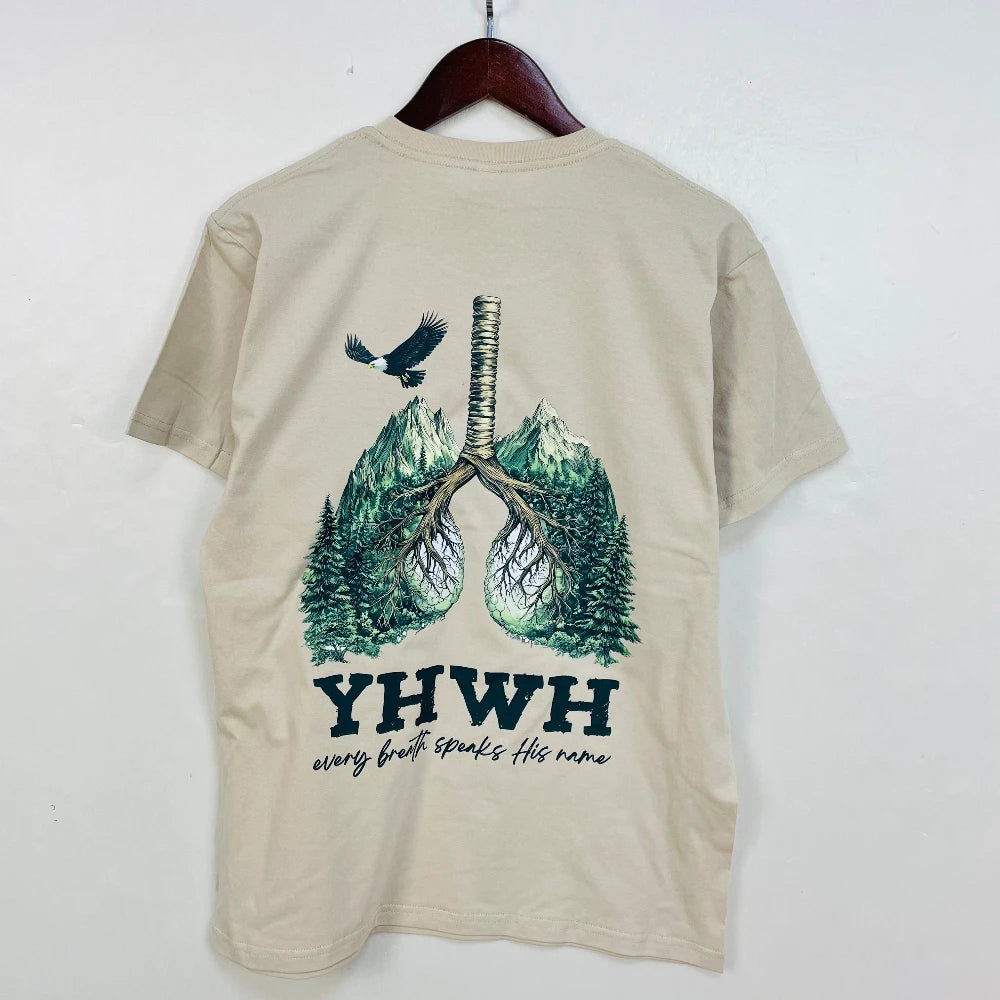 YHWH Womens T-shirt Short Sleeve Summer Casual Fashion Tops Cotton Tee Every Breath Speaks His Name Yahweh Tree Lungs Design Tee GlowCart