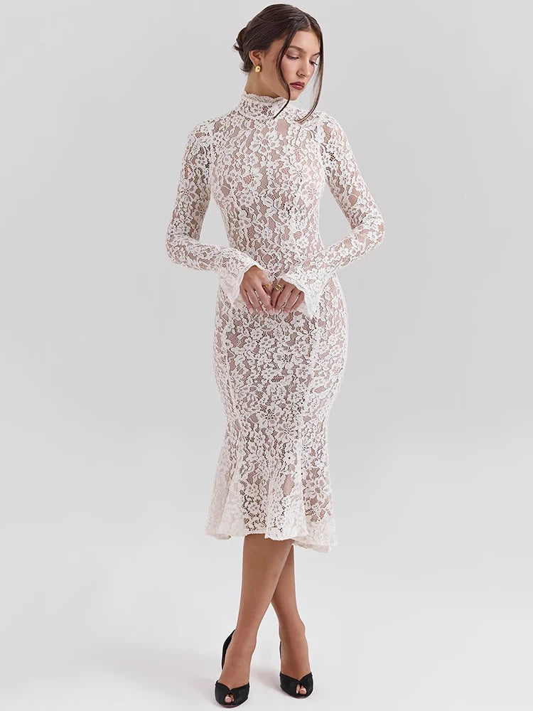 Mozision Lace Long Sleeve Sexy Midi Dress For Women Elegant White Half High Collar High Waist Bodycon Club Party Sexy Long Dress GlowCart
