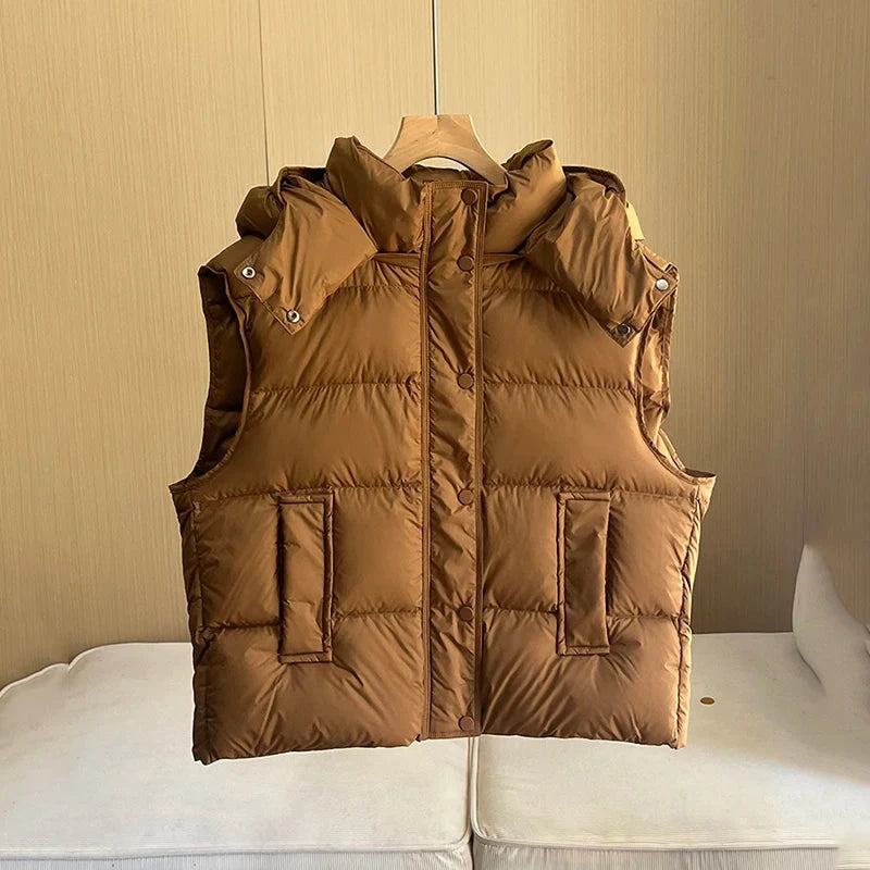 Autumn Winter Fluffy Puff Hooded Down Vest Female Drawstring GlowCart