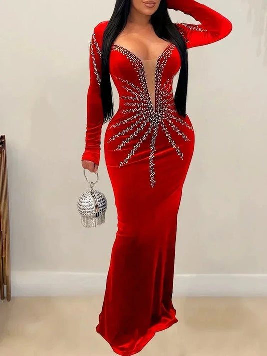 2025 Elegant Diamonds Velvet Long Party Dress for Women Sexy GlowCart