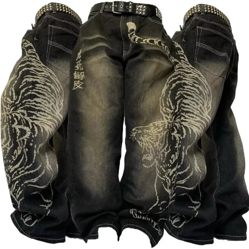 Streetwear American New Hole Washed Yellow Baggy Jeans Male GlowCart