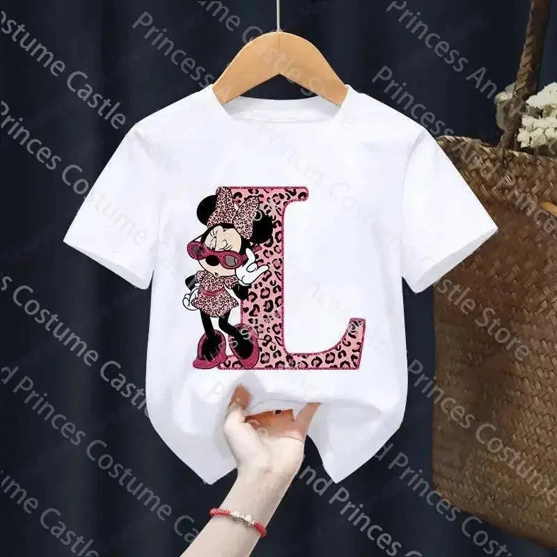 Letter A-Z Minnie Children  T-Shirts Name Combination Disney Kawaii Cartoons Clothes Kids Little Boy Girl Tee Shirts Casua GlowCart