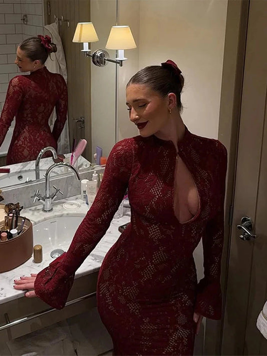 Fashion Lace Floral Midi Dress For Women Sexy Hollow Out GlowCart