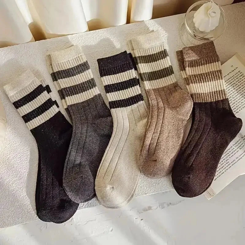 5 Pairs Striped Print Socks, Comfy & Soft Mid Tube Socks, GlowCart